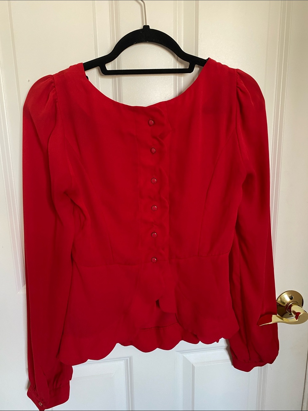 Papaya Red Women’s Scalloped Long-Sleeve Peplum Blouse with Button-back, Size M